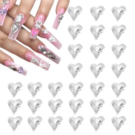 MECCANIXITY 30 Pcs 3D Heart Nail Charm Crystals Gems 12x13mm Crooked Heart-Shape Nail Charm Art Rhinestone for Valentine's Day DIY Decoration Jewelry Making, Transparent