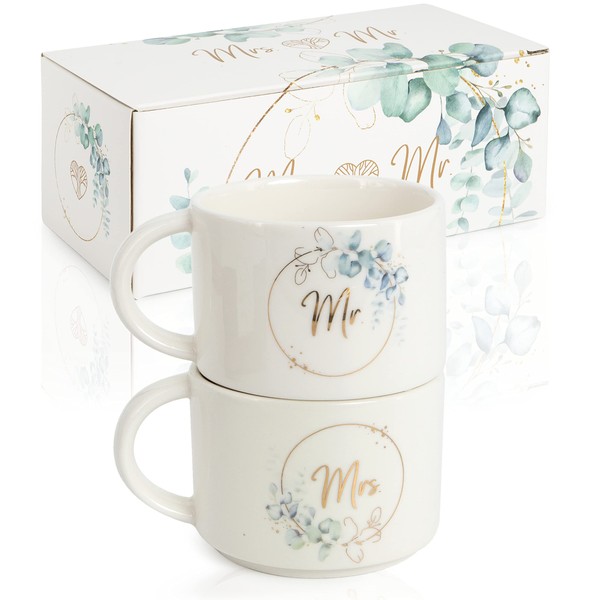 WeddingTree Mr and Mrs Mugs in Eucalyptus Look - Set of 2 - Mr and Mrs Cups for Couples for Wedding Engagement Wedding Anniversary - Wedding Gift Modern - Mr and Mrs Gifts