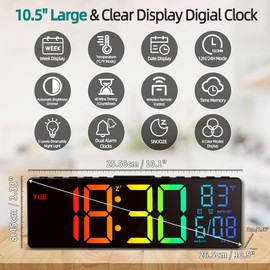 LEIKE 10.5'' Digital Wall Clock with Remote Control, Dual Alarm Wall Clocks for Living Room, Bedroom, Kitchen Decor, 8 RGB Colors Large LED Dispaly, Auto Brightness, Date, Auto DST, Temperature-Black