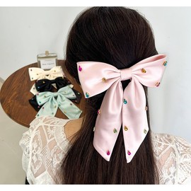 Large Silky Satin Hair Bows - Long Tail Rhinestone Silk Hair Ribbon Bowknot Clips Barrettes Elegant Chiffon Bow Hair Accessories for Women Girls Wedding Christmas Holiday Gifts (Pink)