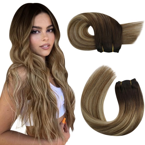 Moresoo Real Hair Weave Extensions 45 cm Colour Brown with Blonde 100% Remy Real Hair Weave Sew-in Extensions Human Hair Wefts Real Hair 100 g / Pack