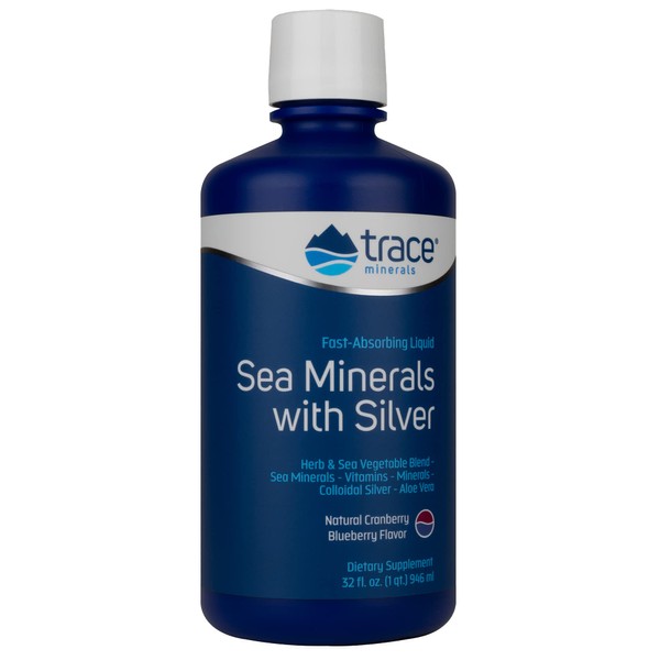 Trace Minerals | Liquid Sea Minerals with Silver | Fast Absorbing Herb and Sea Vegetable Nutrient Blend, Vitamins, Colloidal Silver, Aloe Vera | Cranberry Blueberry Flavor | 32 fl oz, 32 Servings
