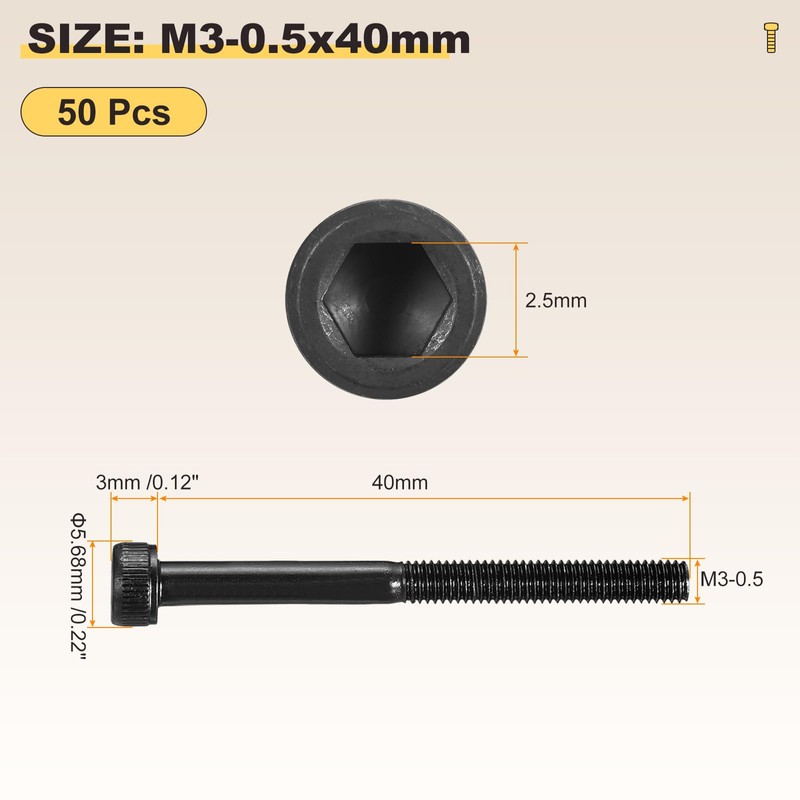 METALLIXITY Socket Head Cap Screws(M3-0.5x40mm)50Pcs, Carbon Steel Allen Socket Drive