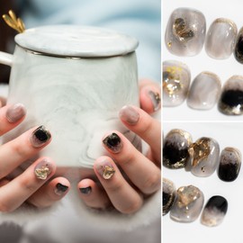 Sun&Beam Nails Handmade Nail Tip, Short, Round, Short, Black, Gold, Black, Glitter, Popular, 3D, Fashionable, Cute, Heart Design, False Nails, Set of 10 (#74 S)