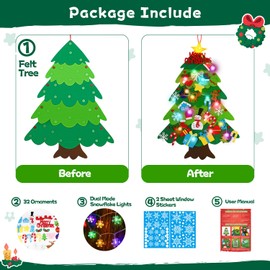 EMPOF Felt Christmas Tree for Toddlers - 3.3ft Felt DIY Tree Set for Kids Wall with Snowflake Lights + 32 Ornaments, Indoor Christmas Home Wall Hanging Decor, Kids Toddler Xmas Activities, Colorful
