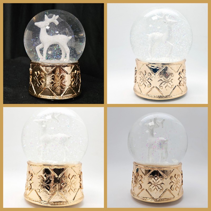 Snow globe deer white on base copper gold snowflakes with
