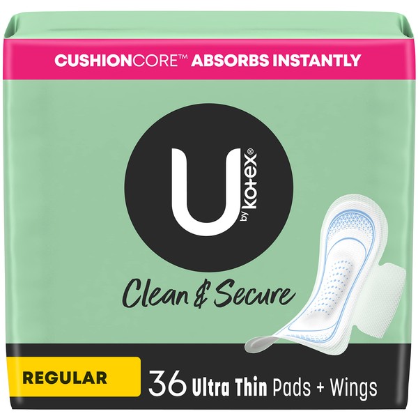 U by Kotex Clean & Secure Ultra Thin with Wings Pads for women (Previously 'Security'), Regular Absorbency, 36 Count (Packaging May Vary)