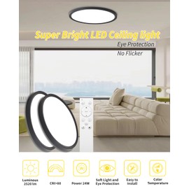 4Pack 12 Inch Remote Control Dimmable LED Flush Mount Ceiling Light Panel,24W 2520LM,2700K-6000K Adjustable Color,Ultra Thin Round Black Ceiling Light Fixture for Hallway Kitchen Bedroom Home Office