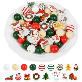 240 Pieces Christmas Wooden Beads Red Green Wood Beads Snowman Gingerbread Santa Deer Craft Bead with Hole for Winter Holiday Garland Making Xmas Home Tree Hanging Decoration