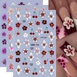3 Sheets Flowers Nail Art Stickers Decals 3D Embossed Self-Adhesive Lily Flowers Nail Stickers Spring Summer White Red Pink Purple Floral Nail Decals Supplies for Women DIY Manicure Supplies