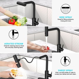 AVSIILE Matte Black Waterfall Kitchen Faucets with Pull Down Sprayer, Single Hole, Single Handle, Pull Out Tap, Stainless Steel Sink Faucet, Suitable for Farmhouse Camper Laundry Rv Bar