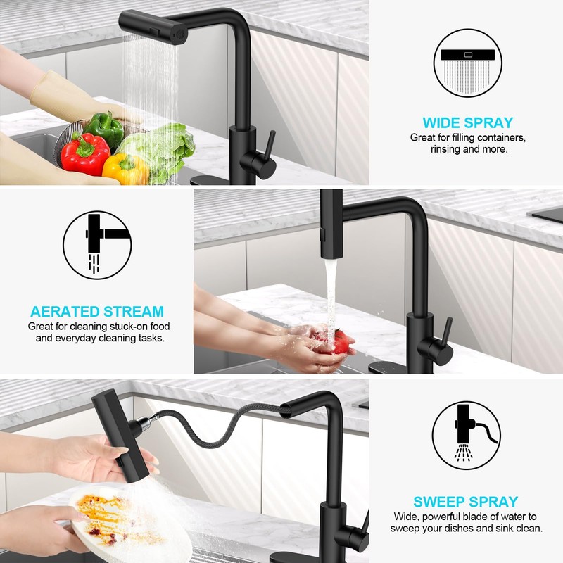 AVSIILE Matte Black Waterfall Kitchen Faucets with Pull Down Sprayer,