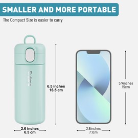 Exllena 300ml Small Water Bottle with One-Touch Straw Lid, Double-Wall Vacuum Insulated Small Flask for Hot&Cold Drinks–Leak-Proof, Mini Water Bottle for Handbag, Yoga, Sport(Mint)