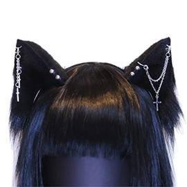 VIGVAN Cat Ears Headband - Animal Cosplay Ears - One Size - Black Chain Punk Cross Style - Costume Headwear