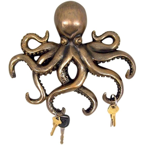 DWK Octopus Wall Sculpture Decorative Key Holder | Ocean Theme House Key Hanger Home Entrance Decor | Nautical Octopus Decor Sea Wall Art | Octopus Decoration - 11"
