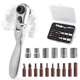 COTOUXKER Mini Ratchet Set, Right Angle Screwdriver set with 1/4 Mini Flex Ratchet Wrench and Bits Sockets for Tight Spaces(Ratchet wrench with bits and socket)