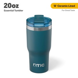 RTIC 20oz Essential Tumbler with Lid, Insulated, Stainless Steel, Metal, Double Wall Vacuum-Insulation, Ceramic Lined, Travel Cup for Iced Coffee, Tea, Hot and Cold Drink, Marine