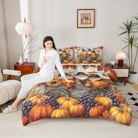 Thanksgiving Day King Size Comforter Sets for Kids Adults,Kawaii Autumn Gnome Bedding Sets Youth Wman Teens Bedroom Decor,Fall Pumpinks Grape 3 PCS Quilt Set,Vintage Wood Car Duvet Insert