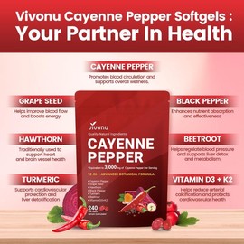 Vivonu Cayenne Pepper Softgels – 240 Count with Vitamins E, D3, K2 & Grape Seed, Hawthorn, Beetroot Extracts – Supports Leg Vein, Heart & Blood Vessel Health