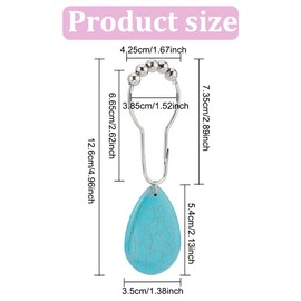 GOMAKERER 12 Pcs Turquoise Shower Curtain Hooks, Iron Decorative Shower Curtain Rings Metal Curtain Rings with Synthetic Turquoise Teardrop Pendants for Bathroom Shower Curtain Rod