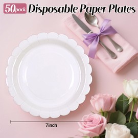 DHAIQC Pack of 50 Paper Plates, White, 18 cm, Wavy Party Plates, Paper Plates, Birthday Plates, Disposable Plates Set for Birthday, Weddings, Anniversaries (White, 18 cm)