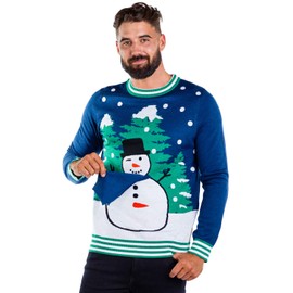 Tipsy Elves Men's Ugly Christmas Sweaters - Funny and Tacky Embellished Christmas Sweaters for Men - Blue Peekaboo Snowman Christmas Sweater with Funny Revealing Scarf Prank Size Large