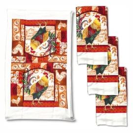 Lobyn Value Packs – 4-Pack Red Rooster Kitchen Towels, 15x25 Lightweight Cotton-Poly Blend, Absorbent Dish Towels with Farmhouse Country Design