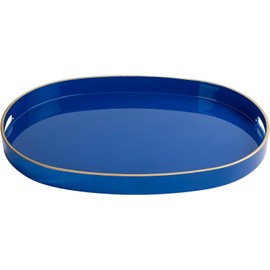 MAONAME Blue Decorative Tray, Oval Serving Tray with Handles, Plastic Trays for Coffee Table, Ottoman Trays for Living Room, Bathroom, 15.6" X 10.6" X 1.4"