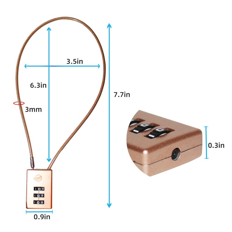 SISAV 3 Digit Cable Combination Lock 16 inches Cable for