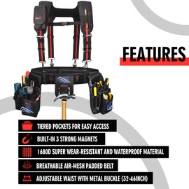 Heavy Duty Tool Belt with Padded Suspenders – Adjustable Construction Tool Rig with Multi-Pouch System – Framing & Electrician Waist Belt for Men（Adjustable one sizeZ)
