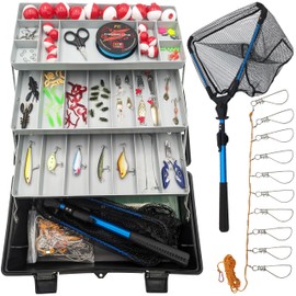 Deluxe Fishing Starter Set - Includes Collapsible Net, Fishing Line, Fish Stringer, Bobbers, Hooks, Lures, Tools, and 3-Tray Tacklebox - SciencePurchase