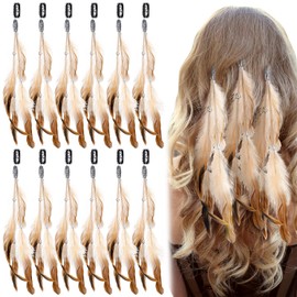 12 Pcs Feather Hair Clip Boho Hair Extensions with Feather Clip Comb Hippie DIY Accessories Hairpin Tribal Feather Braided Beads Headdress for Women (Vintage, Brown)