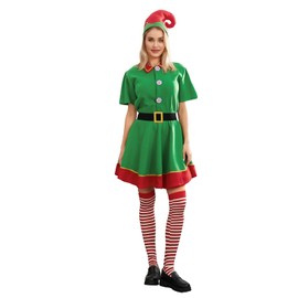 LYSINK Christmas Elf Costume Clothes for Parents-Child Santa Cosplay Outfit with Elf Hat Belt Striped Socks Festive Outfit (Ba Women, S)