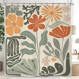 Kalmico Retro Flower Matisse 70 - Cortina de ducha de 72 pulgadas de ancho x 72 pulgadas de largo, colorido Groovy, clásico, moderno, funky salvia, verde, naranja, juego de accesorios de baño