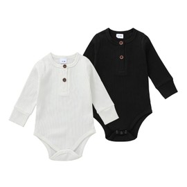Newborn Infant Baby Boy Clothes Long Sleeve Rompers Jumpsuit Unisex Button Knit Solid Ribbed Clothing - 2 pack 3-6 Months (White+Black)