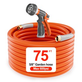 75 ft Garden Hose 75ft Water Hose Heavy Duty 5/8 in. Flexible & Lightweight | 600 Burst PSI | 8 Function Nozzle | 3/4" Brass Fittings | Kink-less Hybrid Rubber Hose for Garden Yard Outdoor Watering