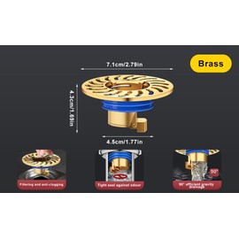 QruiLanTu Odor Proof Floor Drain，Shower Floor Drain Backflow Preventer，One Way Drain Valve，Brass Drain Filter，Prevent Backflow, Prevent Anti-Odor Dispersion in Bathroom and Kitchen(Brass)