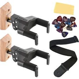 Hercules PLUS Series Wood Base Auto-Grip Guitar Hanger - 2 Pack Bundle with Strap, Picks, and Austin Bazaar Polishing Cloth