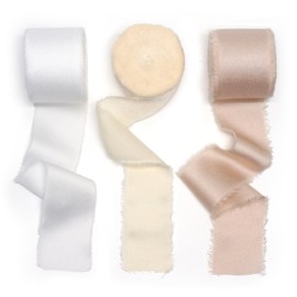 CT CRAFT LLC Frayed Satin Silk Ribbon 1.5" x 10 Yards x 3 Rolls White Ivory Beige for Christmas Home Decor Gift Wrapping DIY Crafts Wedding Invitation Bouquets