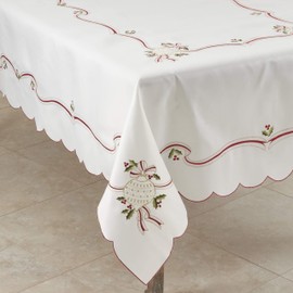 SARO LIFESTYLE 8532.I69S Holiday Ornamental Collection Embroidered Christmas Tablecloth, 69", Ivory