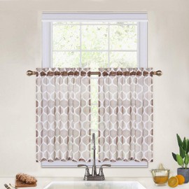 CAROMIO Sheer Kitchen Tier Curtains 36 Inch Length, Geometric Moroccan Printed Short Farmhouse Kitchen Cafe Voile Tier Curtains Short Curtains for Bathroom, Brown/Taupe