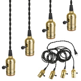 Vintage Plug-in Pendant Light Kit with 1-to-4 Hanging E26/E27 Sockets, Industrial Hanging Light with Individual Rotary Switches, Easy DIY Lighting for Living Room, Patio and Plant Corners, Gold
