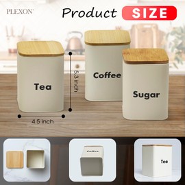 Plexon Kitchen Canister Set of 3 for Countertop with Airtight Bamboo Lids, 3-Piece Metal Coffee Sugar Tea Jars, Food Storage Tin Set, White