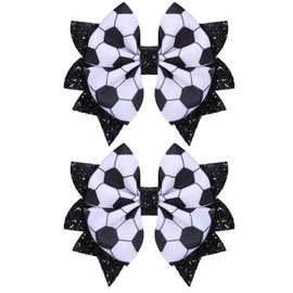 Soccer Cheer Bows Hair Clips 2pc 3.5" Glitter Black & White Football Sport Ribbon Bows for Soccer Team Moms Gifts Player Game Day Cheerleading Accessories Birthday Party Favors
