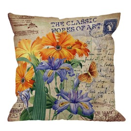 HGOD DESIGNS Throw Pillow Cover Orris Flower with Vintage Butterfly Stamp Retro Letter Violet Yellow Green Home Decorative Pillow Cases Cotton Linen Square Cushion Covers for Sofa Couch 18x18 Inch