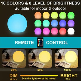 BALMOST 6-in LED Globe Orb Light for Kid, 16 RGB Colors Changing Orb Night Light w/Remote (1PC) and 8-in LED Glowing Ball Light for Kid, Rechargeable Dimmable Sphere Bedside Lamp w/Remote (1PC)