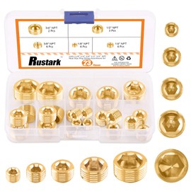 Rustak 23 Pcs Brass Pipe Plugs Assortment Set 1/8" 1/4" 3/8" 1/2" 3/4" NPT Brass Pipe Fitting, Internal Hex Thread Socket Plug Kit for Water Pump Ports, Oil Sender Holes, Engine Block