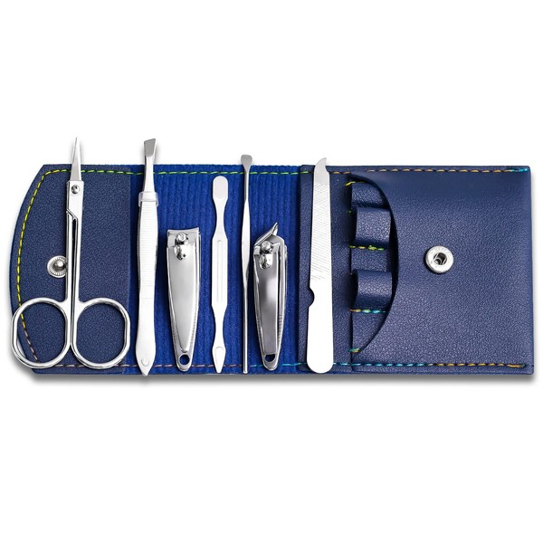 Manicure Set, Nail Care 7PCS Professional Mens Grooming Travel Kit,Pedicure Tools Clipper Set Nail Tech Supplies Classic Unisex PU Leather Case For Thick Nails Men Women Gift