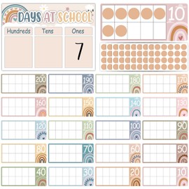 Boho Number of The Day Posters First Day of School Countdown Poster Back to School Countdown Bulletin Board Decor Rainbow Place Value Chart for Classroom (Hundreds Tens Ones) Counting Pocket Chart