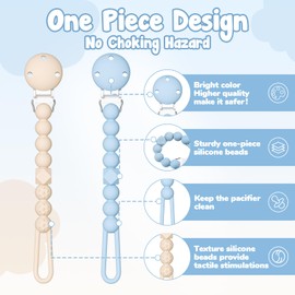 TYRY.HU Silicone Pacifier Holder Clip with One Piece Beads for Boys and Girls, Soft Flexible Rust-Free Binky Clips with Texture, Keeps Pacifier Clean, Safe for Newborn, Fits Most Pacifiers, 2 Pack